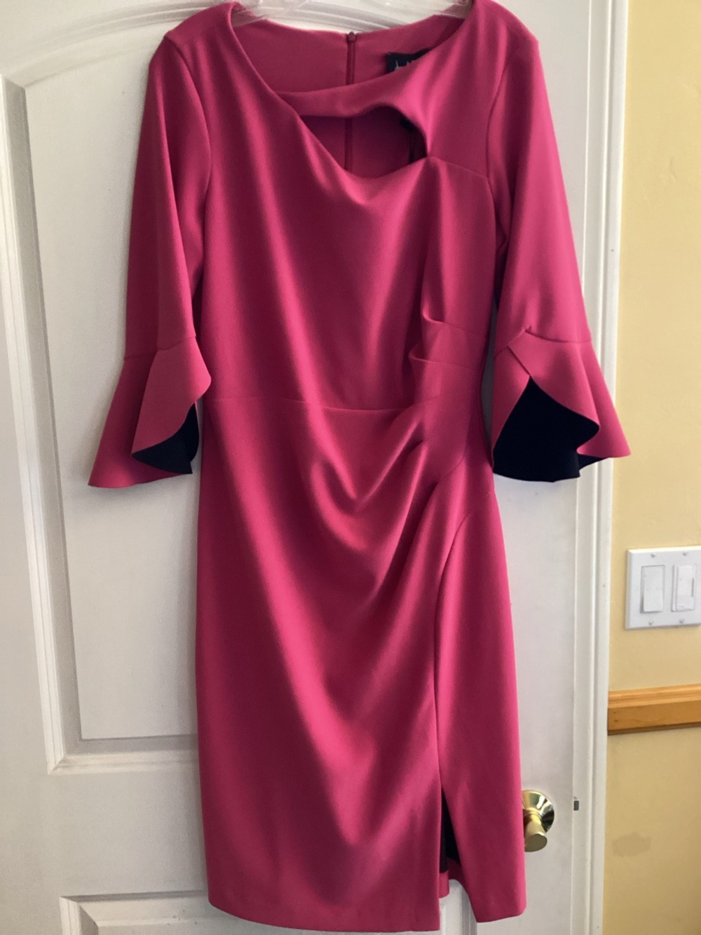 Joseph Ribkoff Tulip Sleeve Sheath Hibiscus Pink & Black Size 12 Cocktail Dress